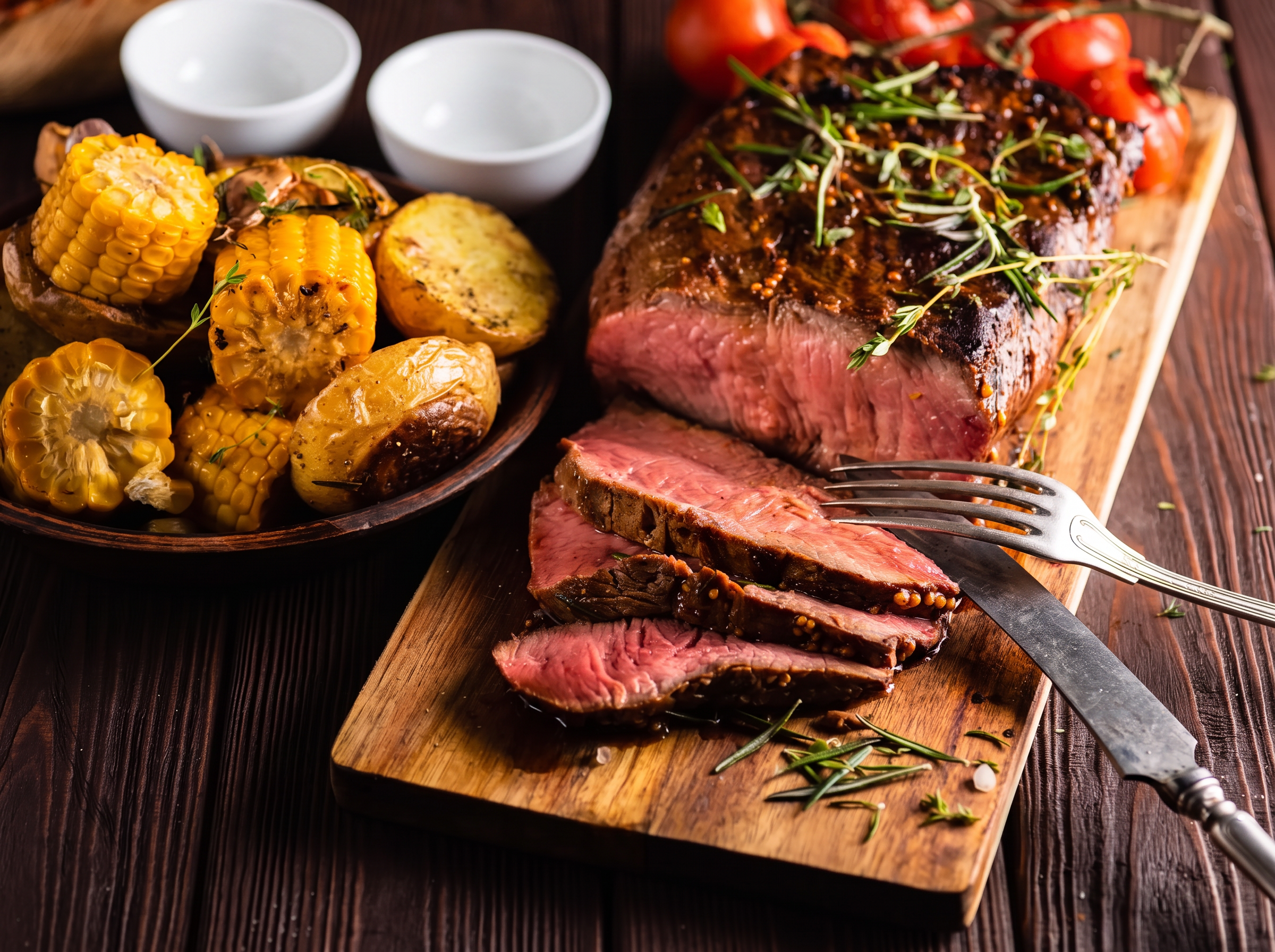 Rosa gebratener Rinderbraten mit Grillmais und Rosmarinkartoffeln auf Holzbrett